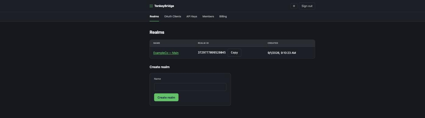 TenkeyBridge developer portal listing an organization's connected QuickBooks company files